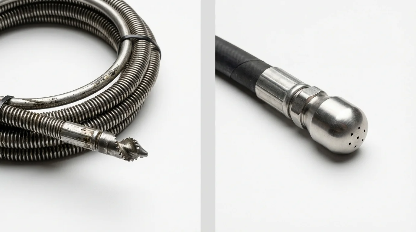 Drain snake cable and hydro jetting nozzle used for drain cleaning in Plymouth, NH