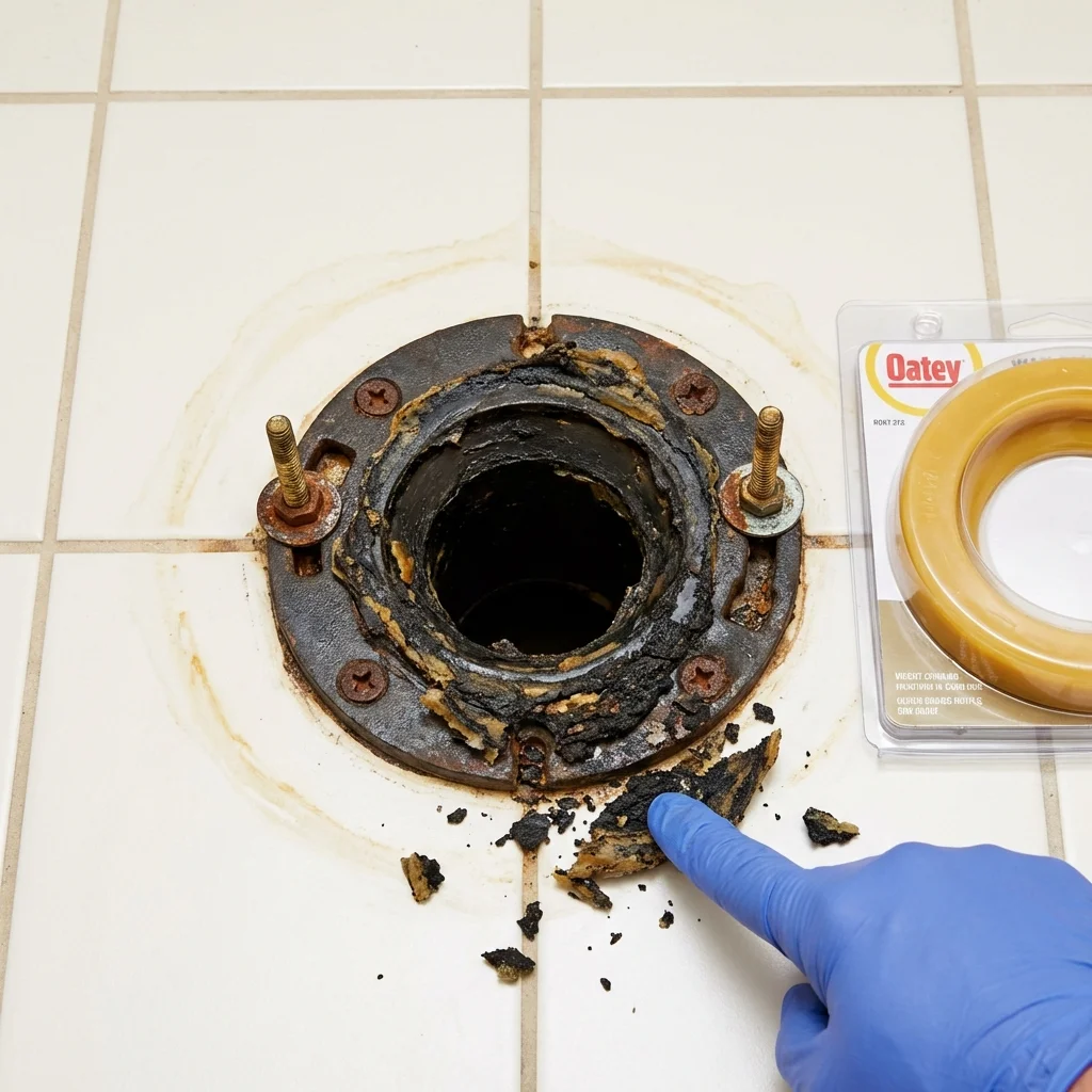 Failed wax ring showing water seepage at the base of a toilet in a Plymouth, NH home