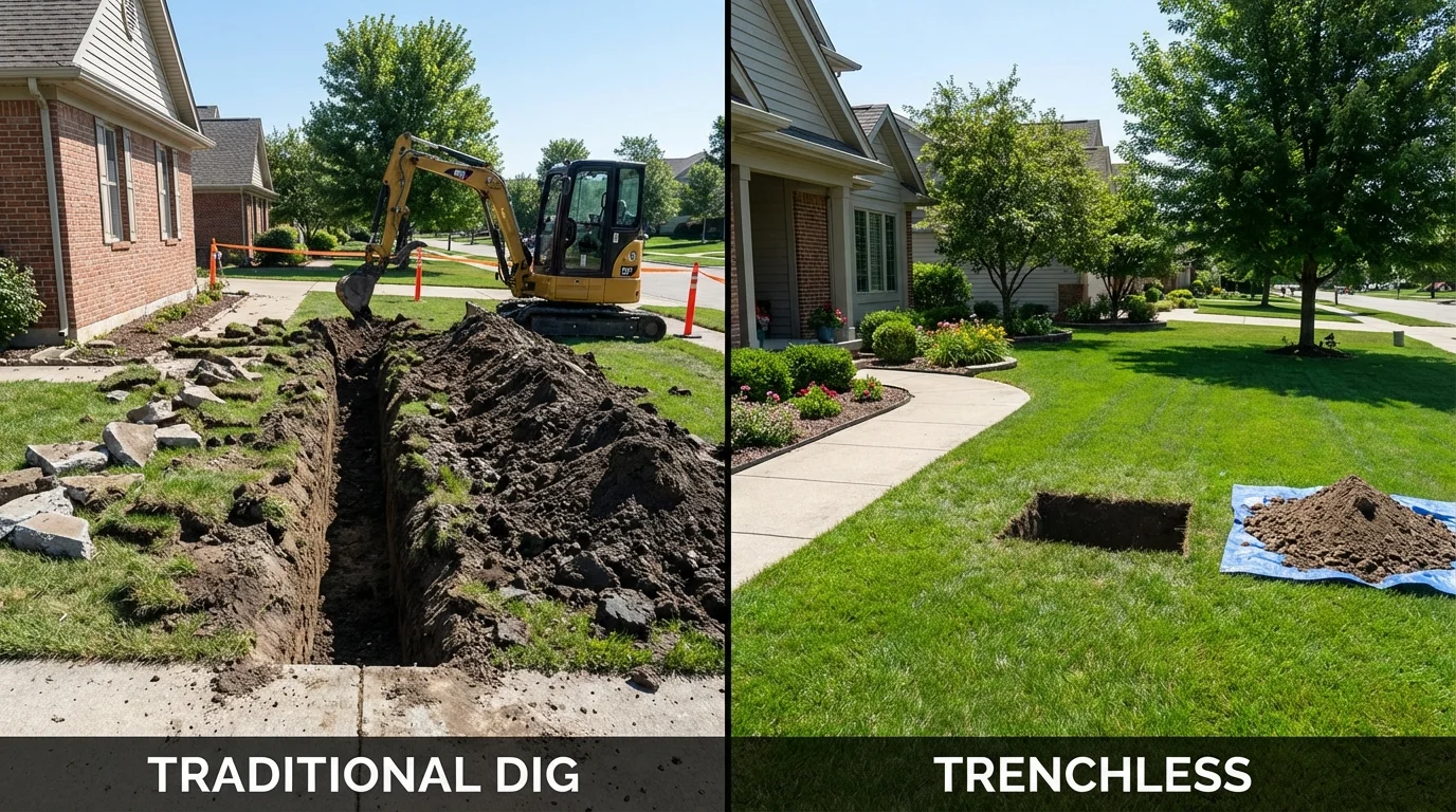Trenchless sewer repair with minimal yard damage versus traditional excavation in Plymouth, NH