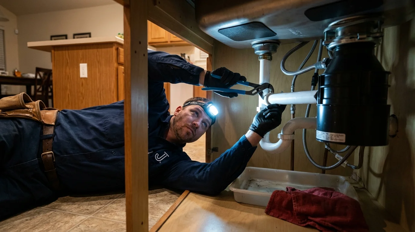 P-trap and supply line connections under a kitchen sink showing a common leak point in Plymouth, NH